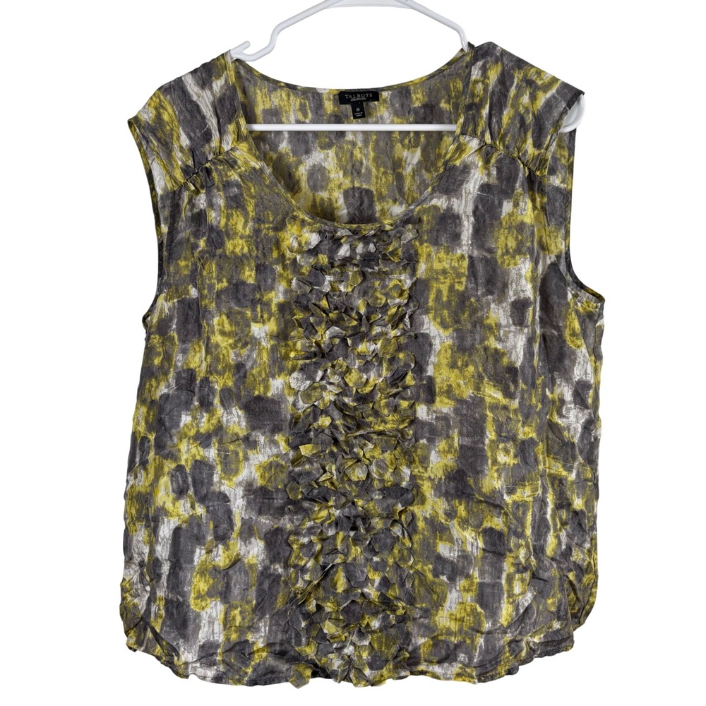 Talbots Silk Tank Shell Women's 16 Yellow Gray Abstract Ruffle Blouse Artistic